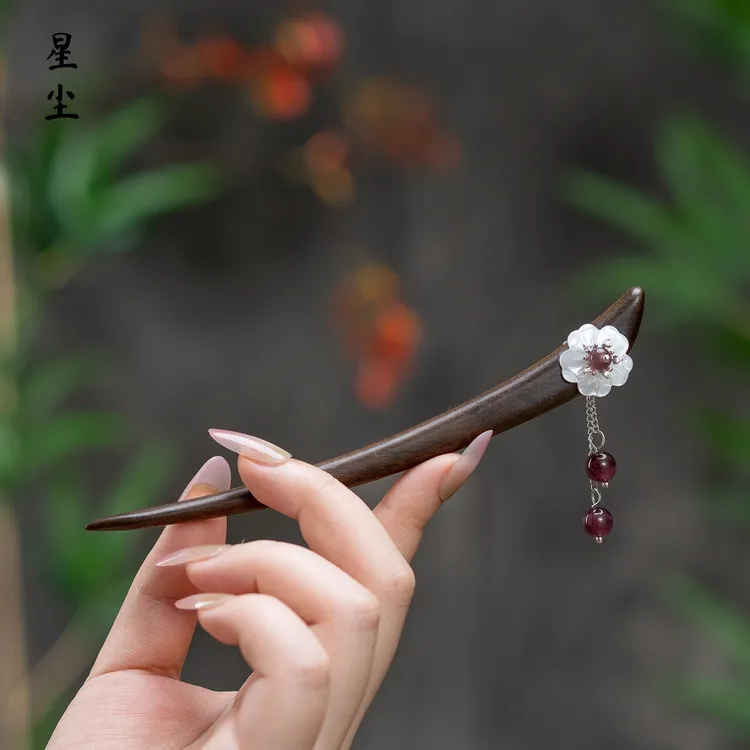 深海白蝶贝正宗大叶紫檀发簪日常佩戴双面发簪精致百搭流苏手工