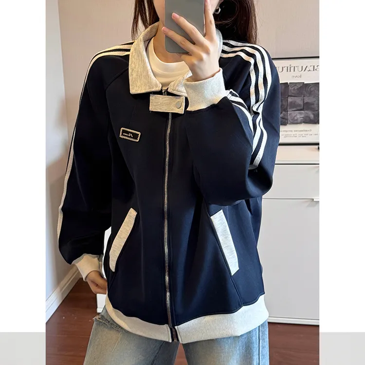 韩系学院风卫衣外套男女秋季撞色拼接设计百搭潮流少年感条纹夹克
