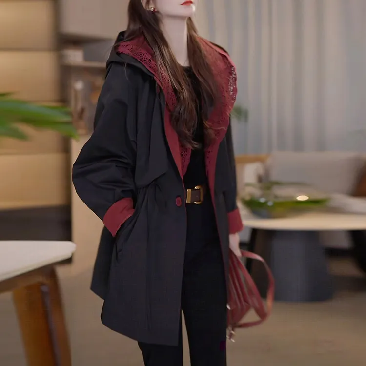 时尚蕾丝拼接设计感百搭外套女士2025年秋季新款小个子宽松风衣Y