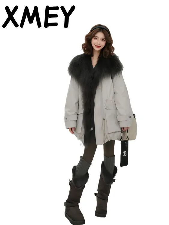 【XMEY】2025新款“白鹭”可拆卸环保毛领鹅绒内胆人造皮草外套极简风