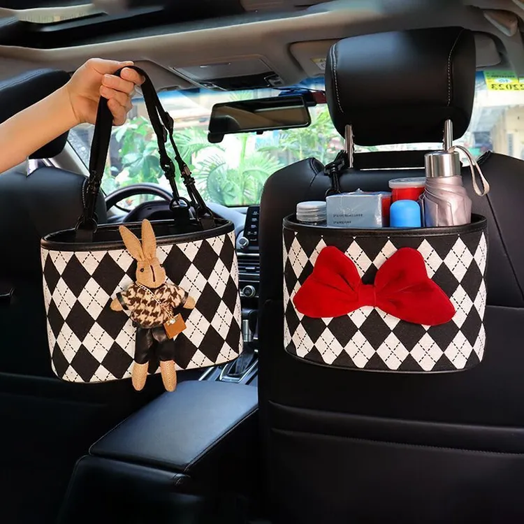 汽车垃圾桶车载座椅背挂式收纳桶多用途置物桶收纳储物盒箱菱格款