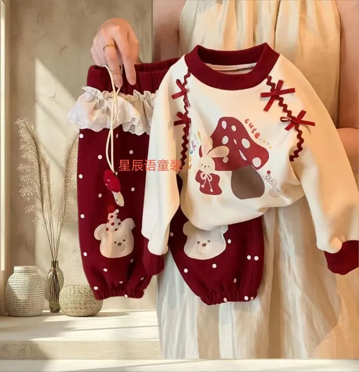 套装女宝春秋印花卫衣红色卡通动漫秋季儿童女童新款上新洋气可爱