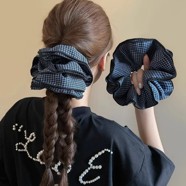 多层撞色格子大肠发圈小众设计氛围感发绳复古森系头花2025新款