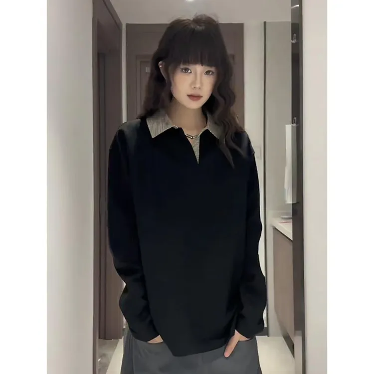 老钱风千鸟格拼接polo衫男长袖T恤内搭美式复古外套痞帅正肩卫衣