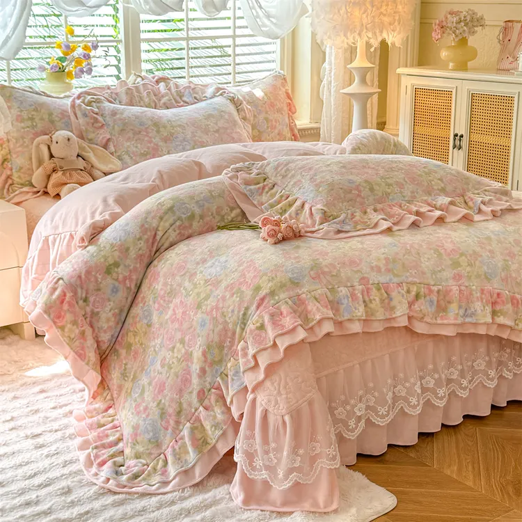 秋冬新款加厚牛奶绒床盖款四件套床上用品加入被罩床单小清新花边