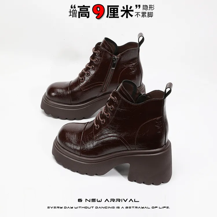9cm高跟2025新款皮鞋圆头内增高棕色马丁靴短筒厚底秋季粗跟短靴