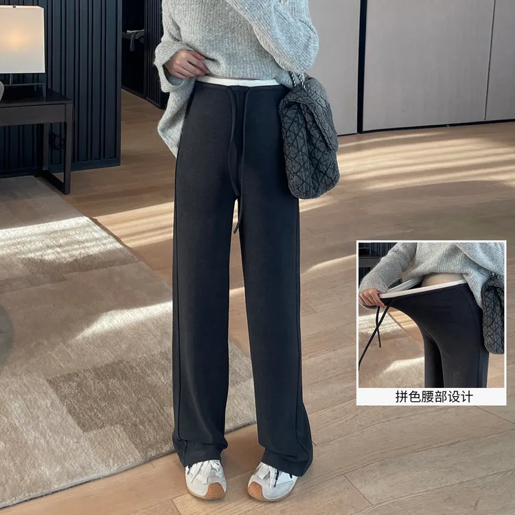 【羊毛空气层】秋冬孕妇阔腿裤显瘦垂感加绒加厚拼色腰头直筒休闲裤