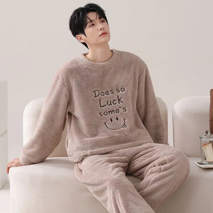 【锁温型】浅棕色男士睡衣冬季加厚加绒保暖家居服珊瑚绒冬天法兰绒