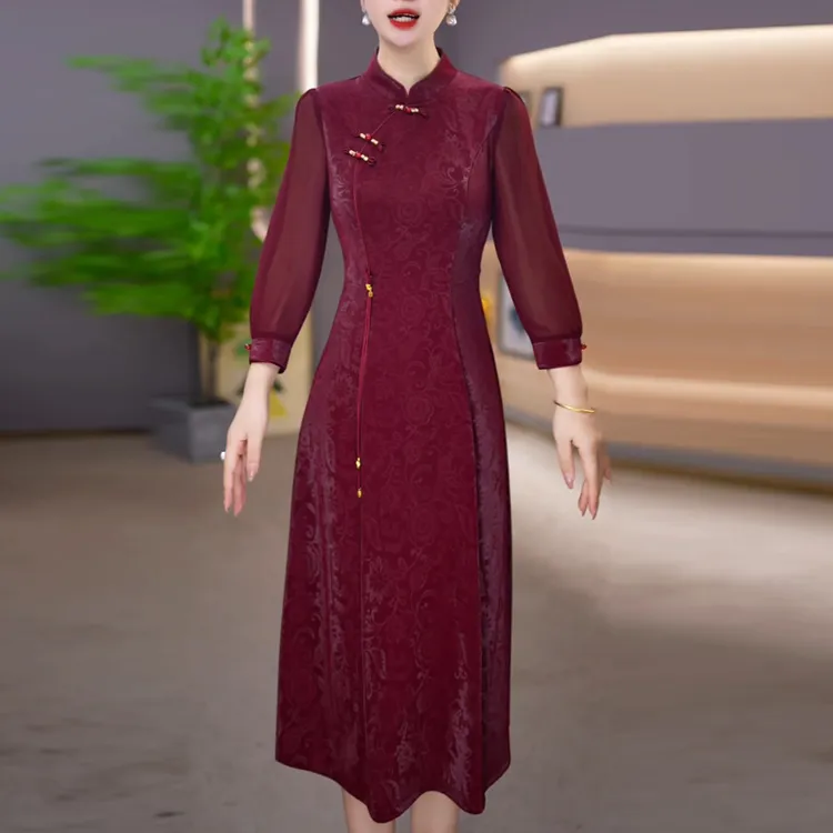 琉璃精纺改良旗袍连衣裙2025秋季新款时尚气质喜婆婆婚宴礼服裙子