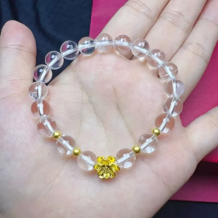 水贝黄金足金999莲花手链天然白水晶手串七夕轻奢手饰送女友礼物