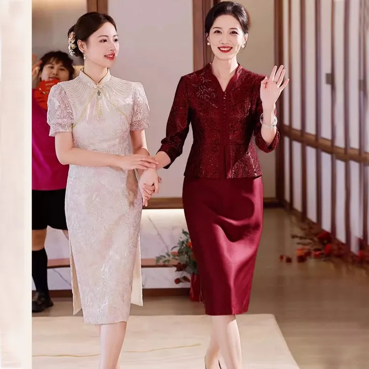 高端酒红蕾丝喜婆婆婚宴礼服假两件显年轻气质妈妈婚礼喜服旗袍裙
