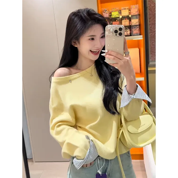 性感斜露肩条纹衬衫拼接袖口针织衫2025春季新款百搭显瘦长袖上衣