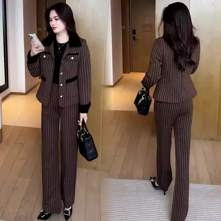 小香风条纹时尚套装女2025春秋新款洋气显瘦短款外套阔腿裤两件套