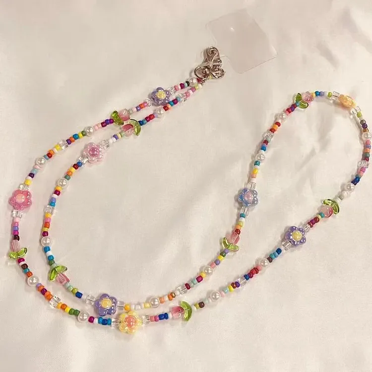 挂绳少女长款彩色郁金香花朵珠子手机串珠包包链条挂件挂饰挂链