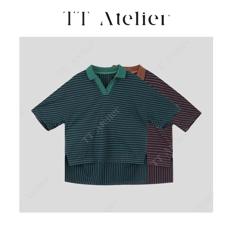 TT设计师【阑珊】撞色条纹小v领设计轻奢休闲Polot恤TT190455