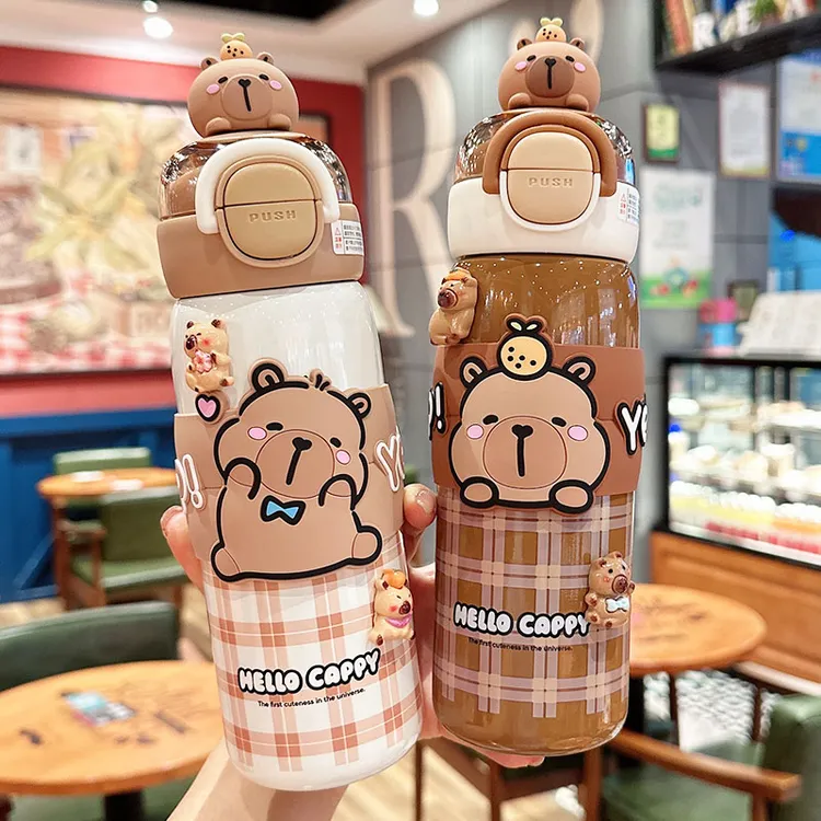卡皮巴拉儿童保温杯上学专用女孩可爱吸管杯子小学生便携双饮水杯