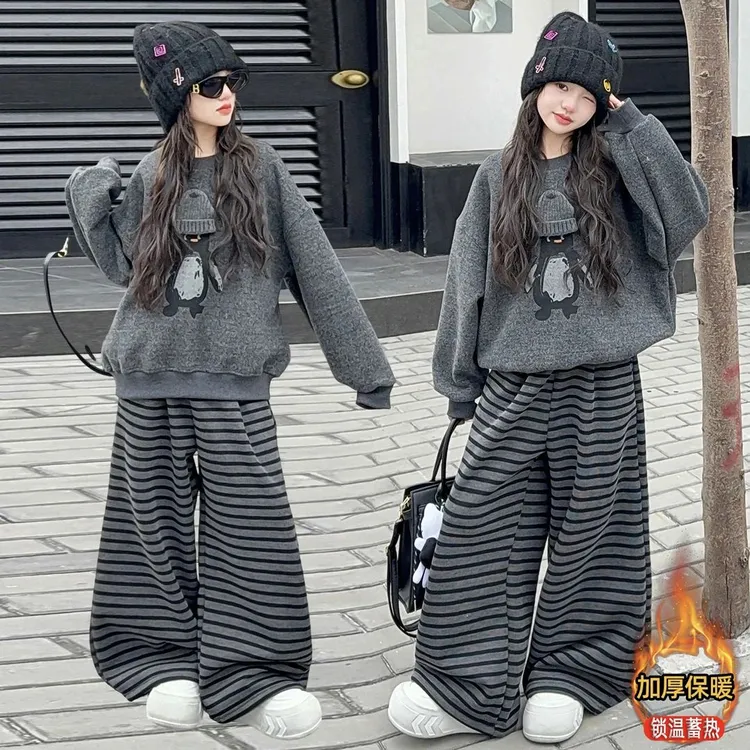 女童秋冬款韩版休闲套装女大童时髦洋气儿童加绒卫衣卫裤运动服潮