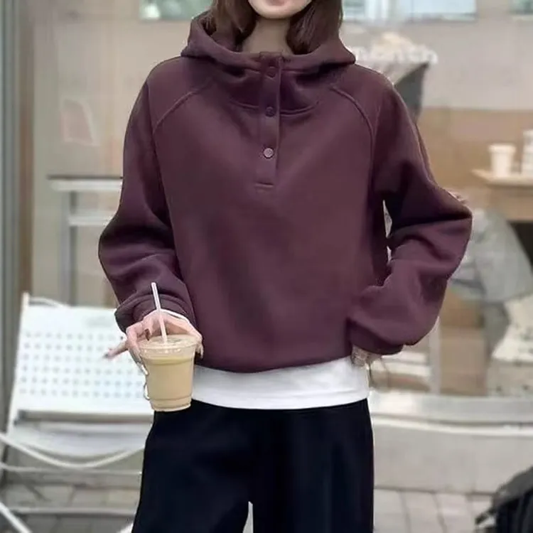 胖mm宽松加绒加厚上衣女秋冬2025新款美式半开领纯色连帽卫衣外套