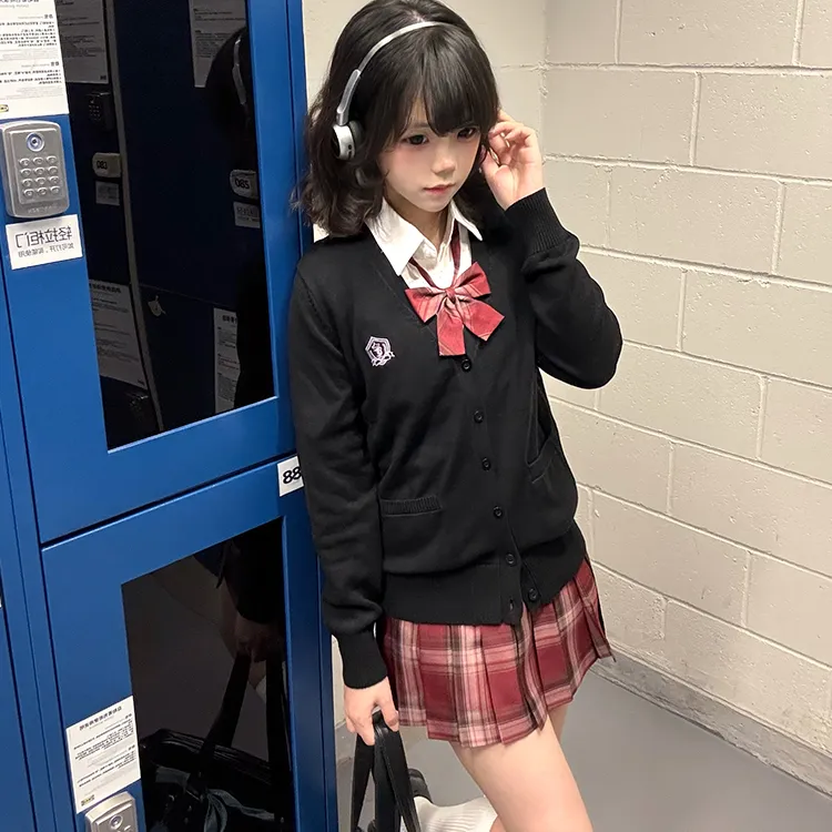 兔半眠学院风日系黑色jk开衫毛衣外套V领长袖针织衫女秋冬