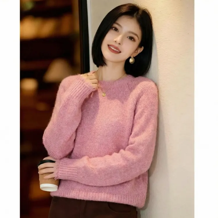 女士蕾丝拼接粉色毛衣秋冬季新款慵懒高级感宽松显瘦休闲圆领上衣