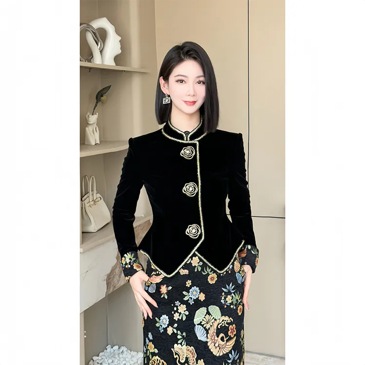 格娜秋冬新款国风新中式小立领气质套装原创设计小众时尚两件套