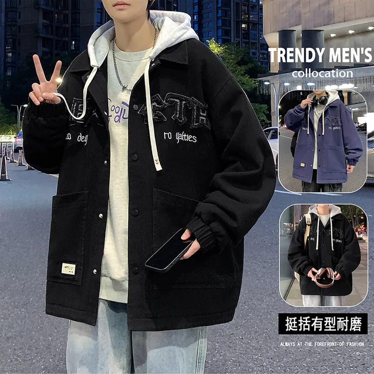 秋季新款青少年高品质连帽牛仔夹克字母提花设计宽松有型韩系外套