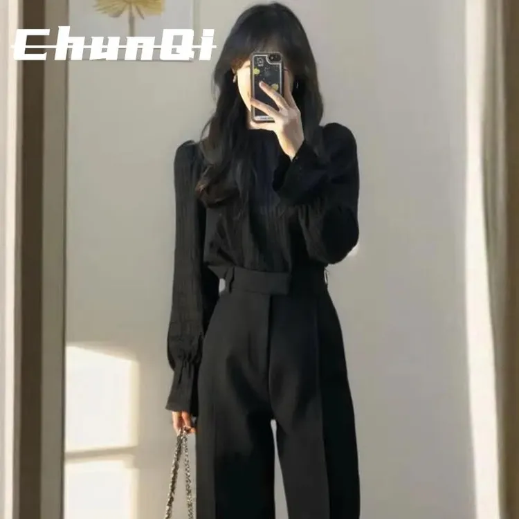 淳启春秋季女酷飒拽姐风套装黑色衬衫西装裤两件套流行潮搭显气质