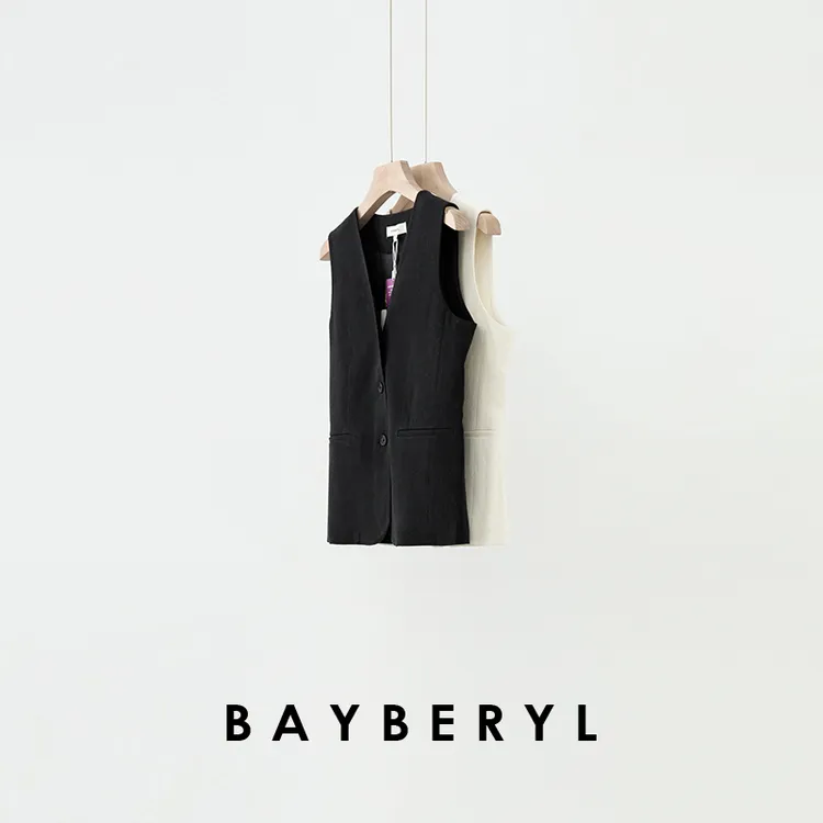 BAYBERYL老贝奢雅老钱*黑白V领修身无袖麻25春马甲MJ5B1303