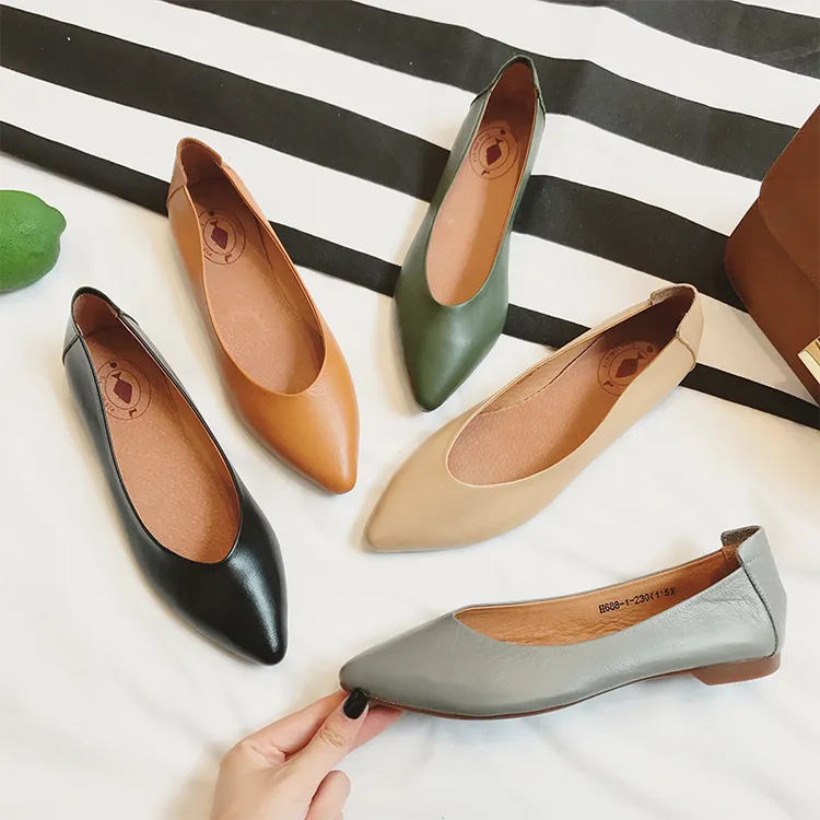 昔子688-1头层牛皮单鞋软底真皮浅口女鞋大码 单鞋尖头皮鞋低跟款