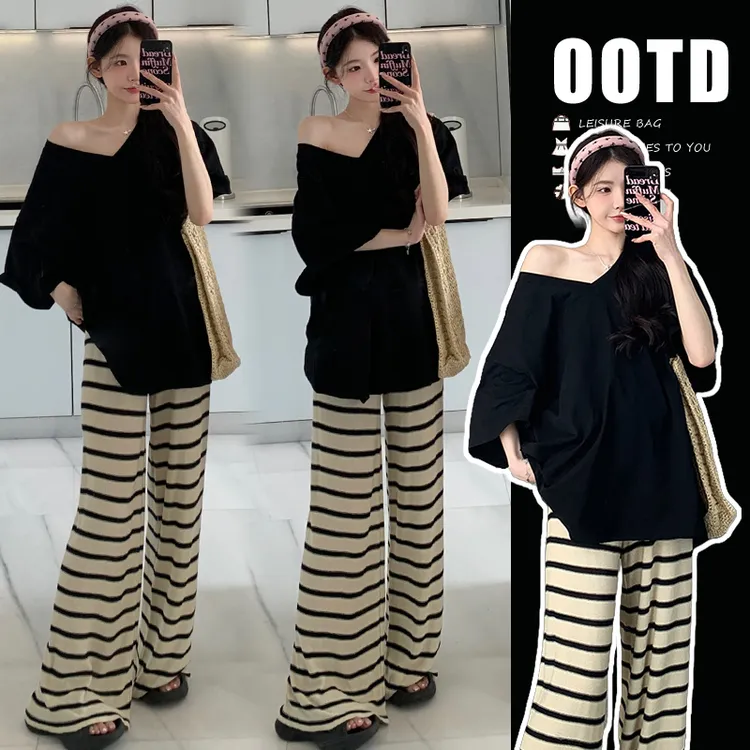 孕妇套装夏装时尚韩版宽松慵懒松弛感V领短袖T恤休闲条纹针织裤子