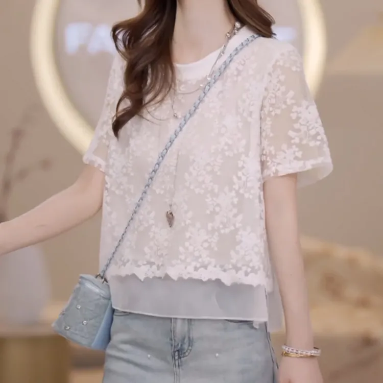 法式重工提花假两件短袖t恤女2026夏季新款气质百搭双层体恤上衣
