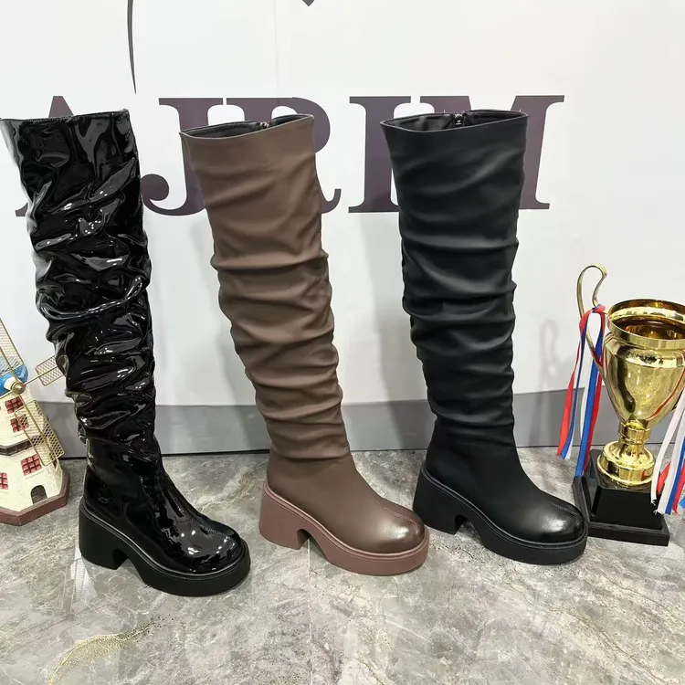 MM 3070时尚加绒时装高筒靴时装靴长筒百搭长靴褶皱靴厚底