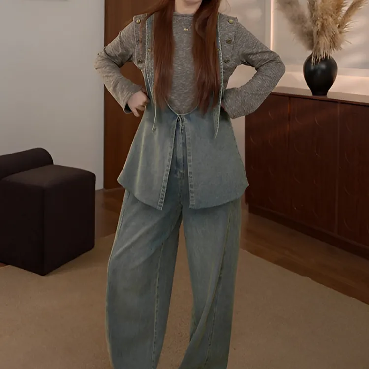 大方得体穿搭一整套女2025新款休闲纽扣上衣牛仔背带裤时尚套装