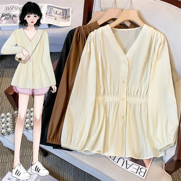 季念春秋季纯色长袖V领春季大码衬衫女宽松常规款上衣显瘦衬衣女