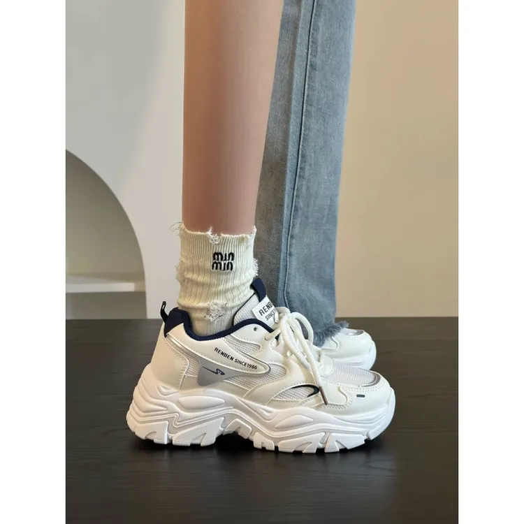 人本网面透气老爹鞋女2025夏季新款学生简约ins风厚底百搭运动鞋