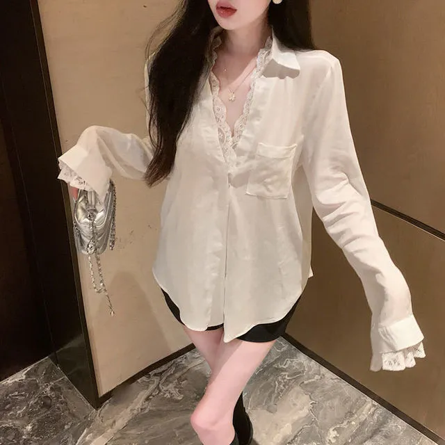 假两件蕾丝拼接长袖衬衫女秋季宽松polo领衬衣设计感白色防晒上衣