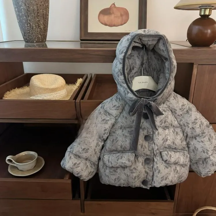 女童连帽棉袄加绒加厚碎花宝宝冬款棉服韩版水墨画洋气冬季上衣