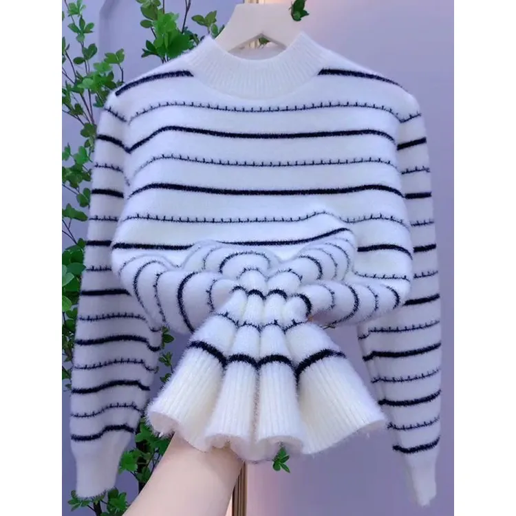 2024毛衣仿水貂绒秋冬2024新款中大童高领针织衫加厚条纹套头上衣
