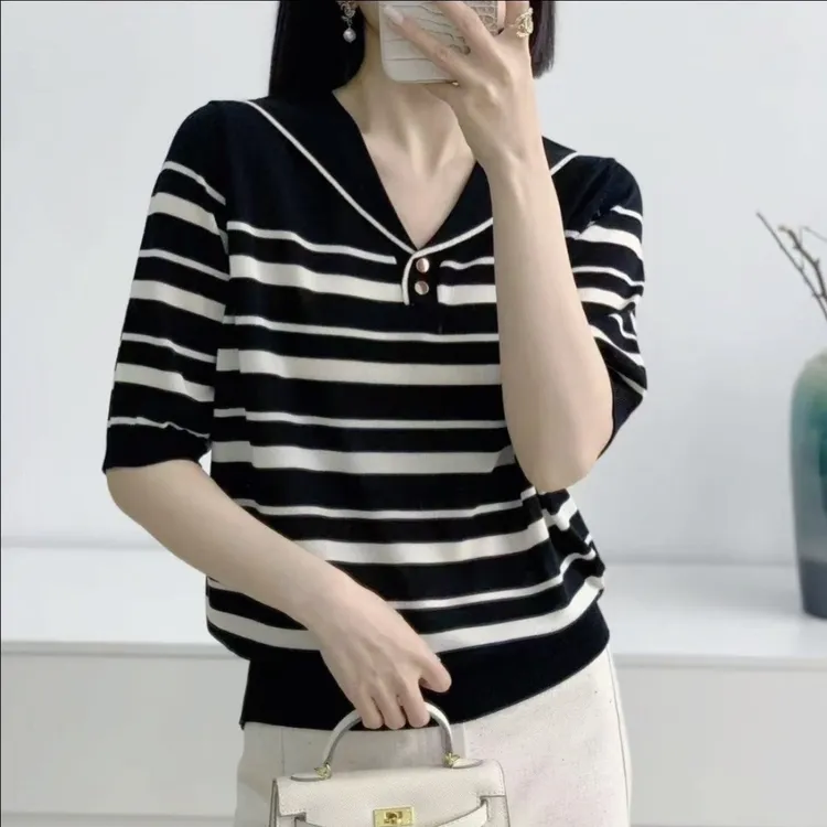 【80-160斤】海军领冰丝短袖T恤女条纹透气2025夏季短袖上衣女326