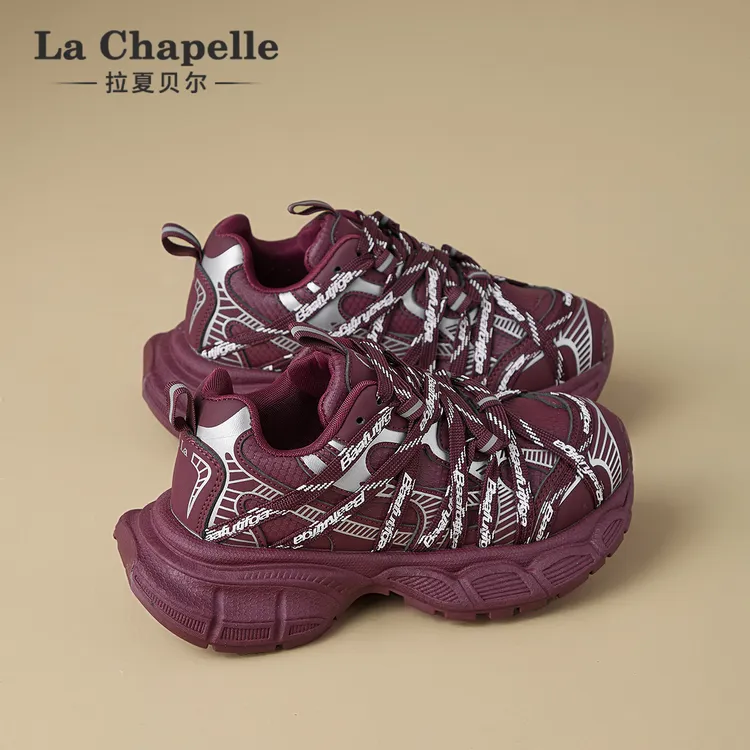拉夏贝尔绑带厚底老爹鞋女2025冬季新款小众复古红色休闲运动鞋子