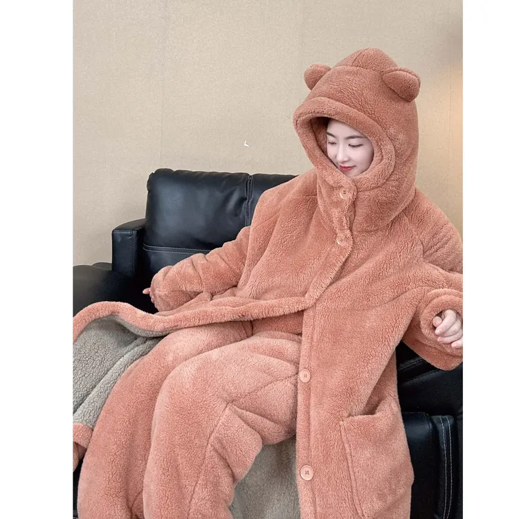 [三层夹绒]中长款系扣长裤睡衣家居服套装连帽加绒浴袍冬天家居服
