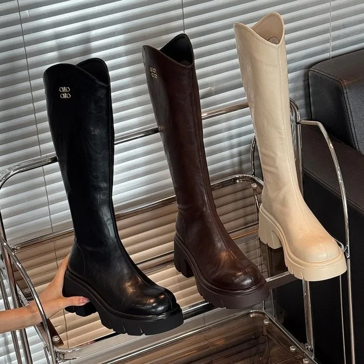 松糕粗跟口高跟长筒靴2025新款加绒增高不过膝长靴