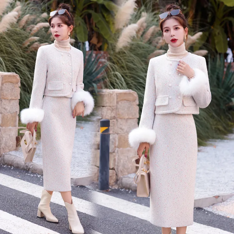 小香风套装裙秋冬季女2025新款气质名媛富家千金羽绒服毛呢两件套