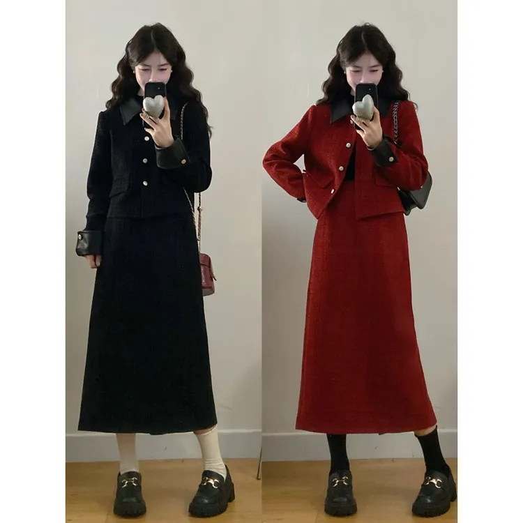 大码女装胖mm秋冬季新款韩系小香风长袖短款外套高腰半身裙两件套