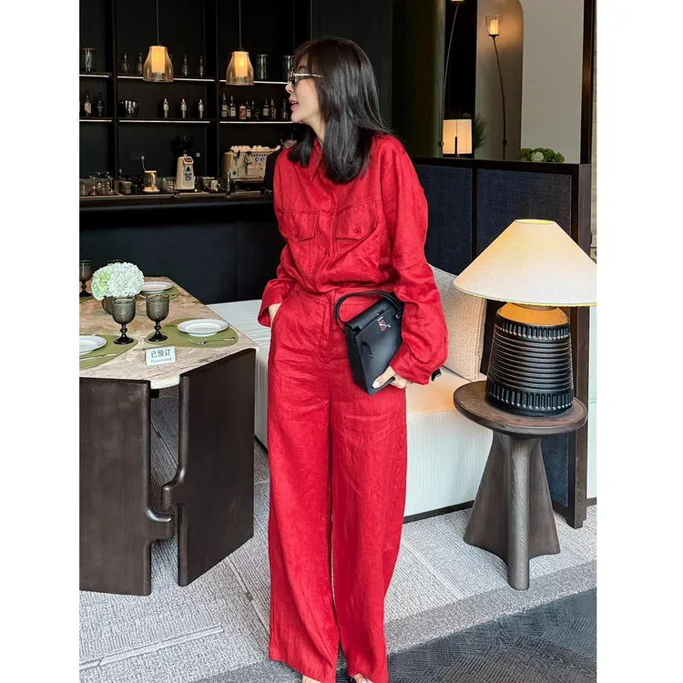 超火夏装一整套大方得体穿搭轻奢高级感欧货百搭红色衬衫套装裤女