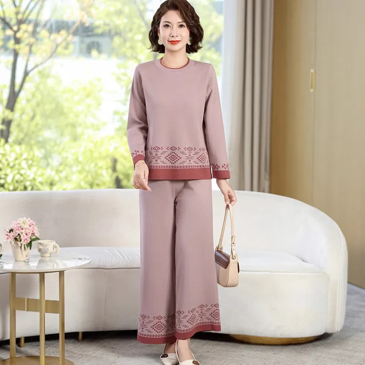 妈妈装上衣新款休闲套装洋气减龄中老年女装针织衫阔腿裤两件套