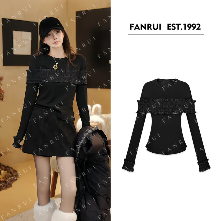 FANRUI/泛芮 「褶影漫渡」木耳边减龄气质设计感显瘦打底上衣B19318