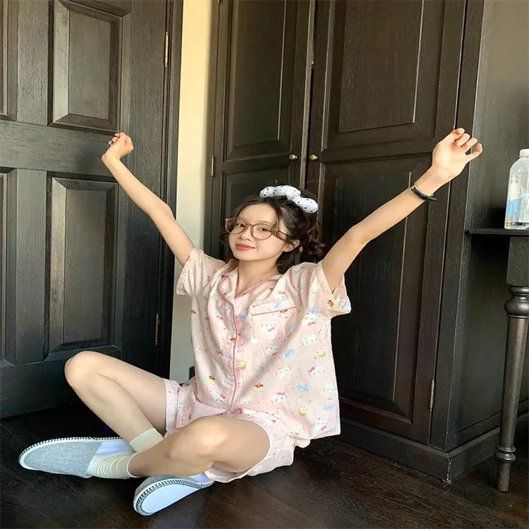 2025新款甜美波点KT猫乐园睡衣女款夏季短袖短裤大码家居服套装