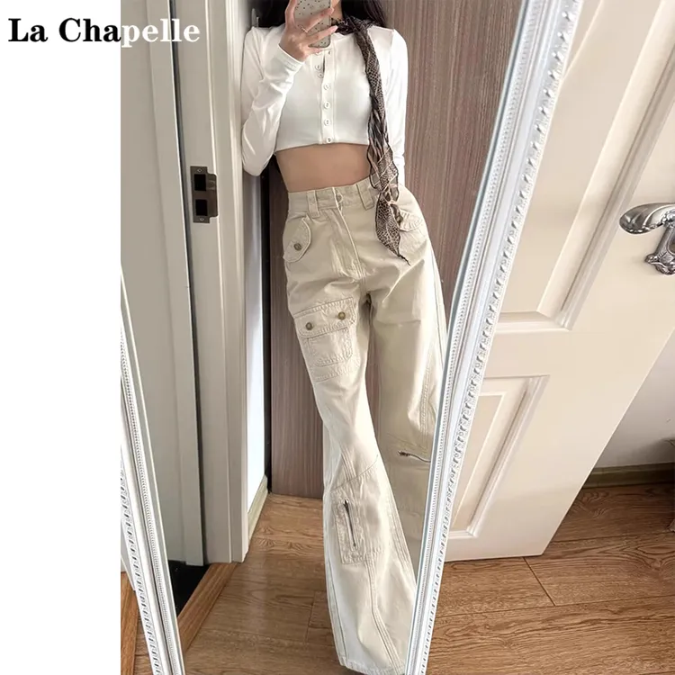 拉夏贝尔美式高腰工装牛仔裤女2025早秋新款设计感小众工装裤女
