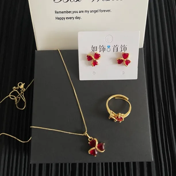 铜项链 如饰 新款红色三件套套装时尚百搭小众气质